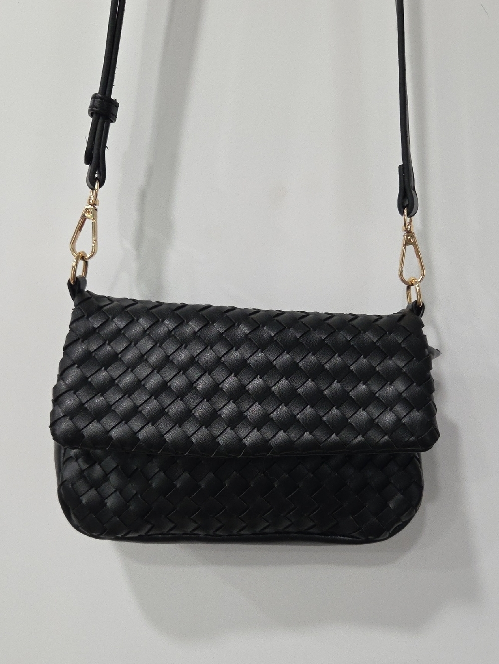 Woven Crossbody Bag in Black with Gold Accents